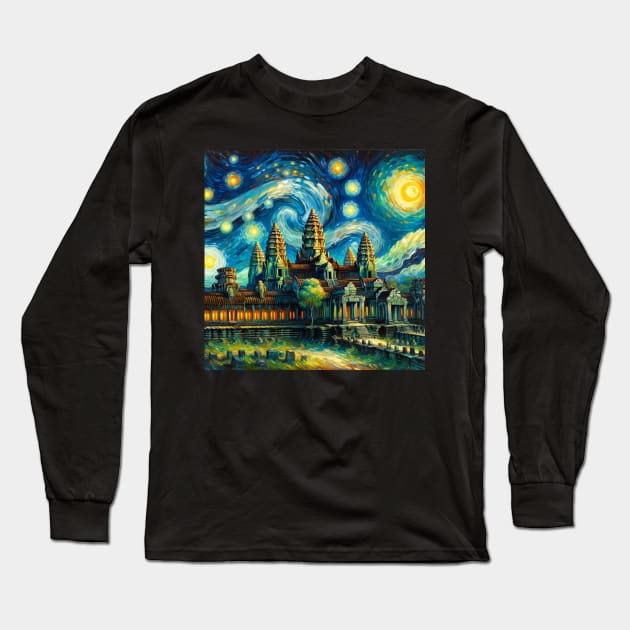 Angkor Wat Cambodia Starry Night - Beautiful Iconic Places Long Sleeve T-Shirt by Edd Paint Something